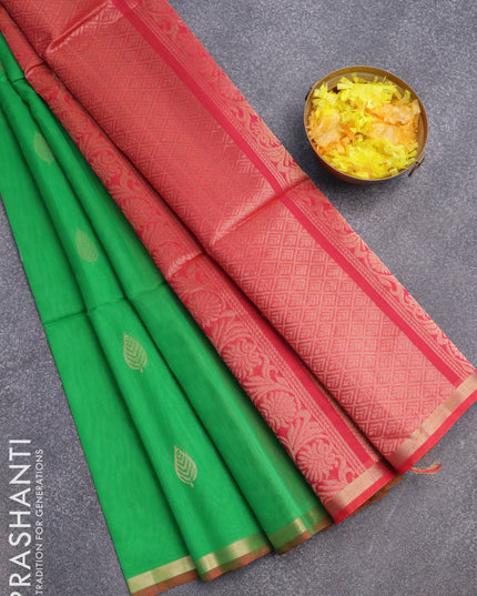 Kora silk cotton saree green and dual shade of pink with zari woven leaf buttas and zari woven piping border