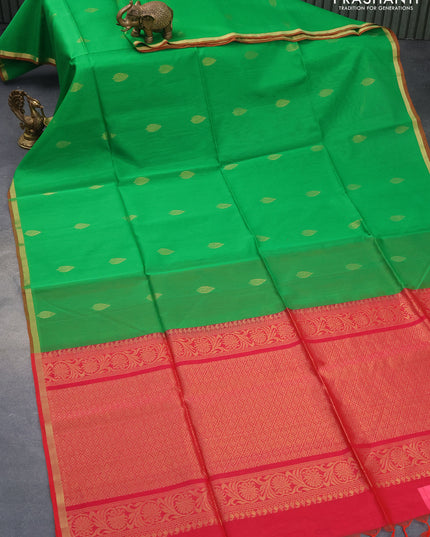 Kora silk cotton saree green and dual shade of pink with zari woven leaf buttas and zari woven piping border