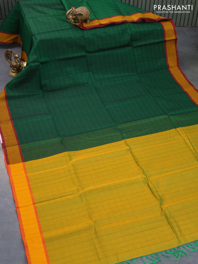 Kora silk cotton saree green and yellow with allover stripes pattern and simple border