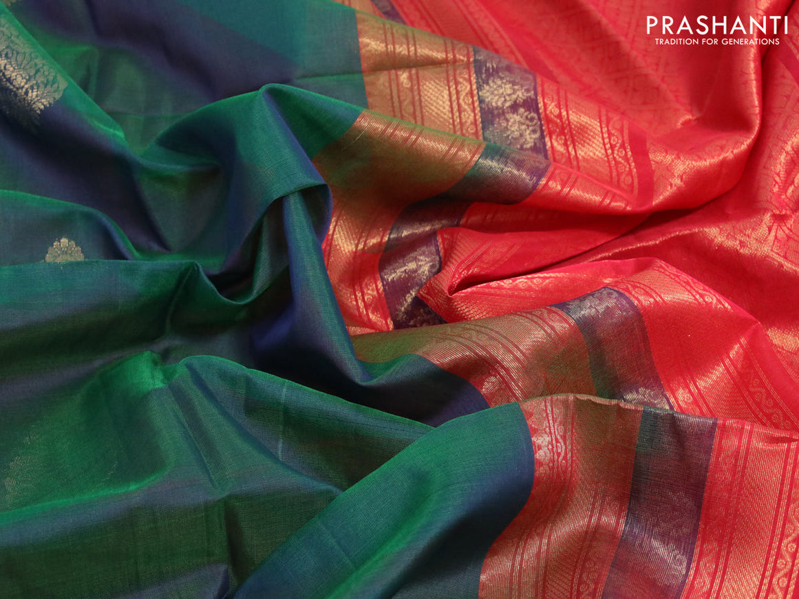 Kora silk cotton saree green and red with thread & zari woven buttas and small zari woven border