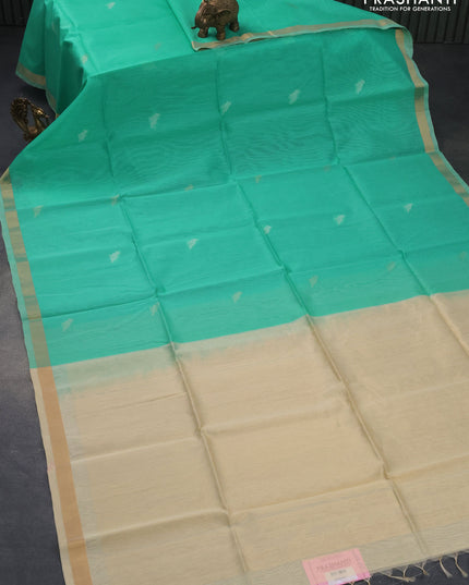 Kora silk cotton saree teal green and cream with zari woven buttas and zari woven border
