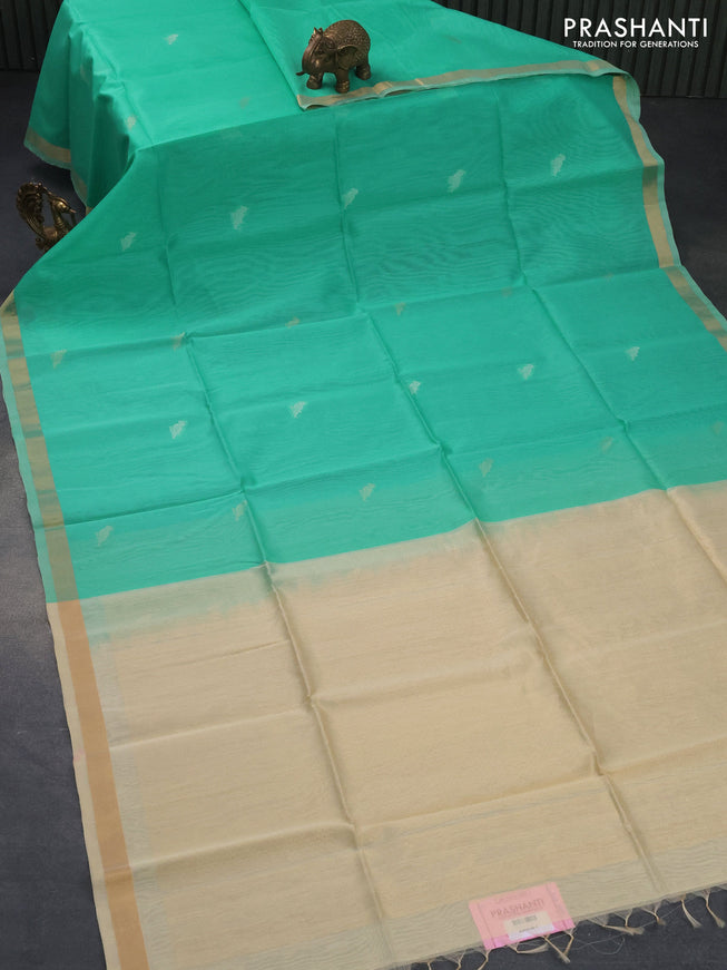 Kora silk cotton saree teal green and cream with zari woven buttas and zari woven border