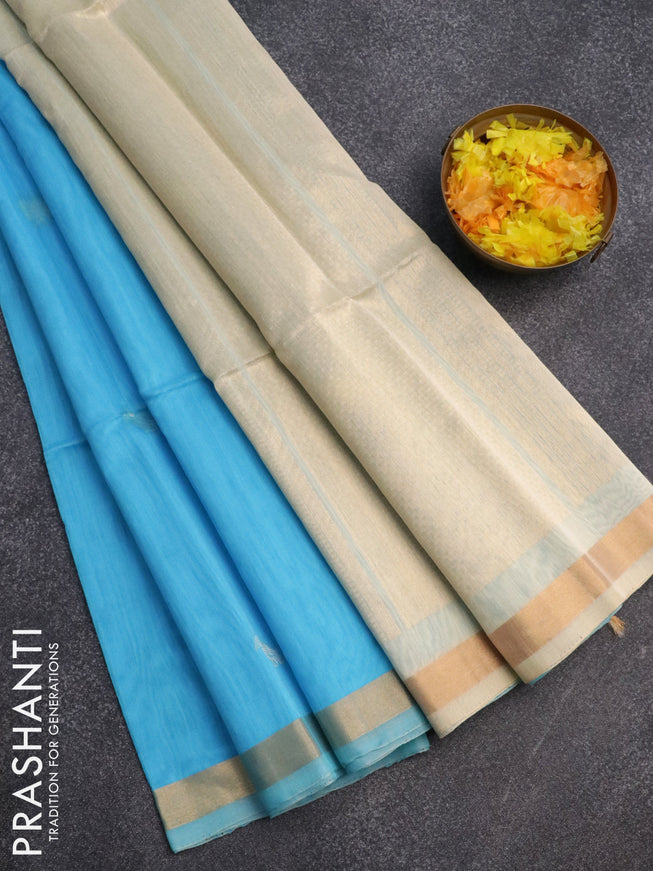 Kora silk cotton saree light blue and cream with zari woven buttas and zari woven border