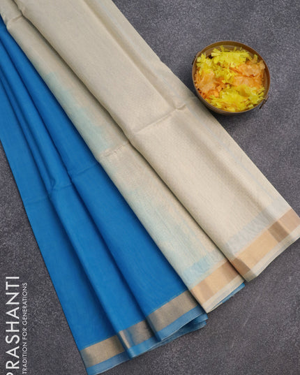 Kora silk cotton saree cs blue and cream with zari woven buttas and zari woven border