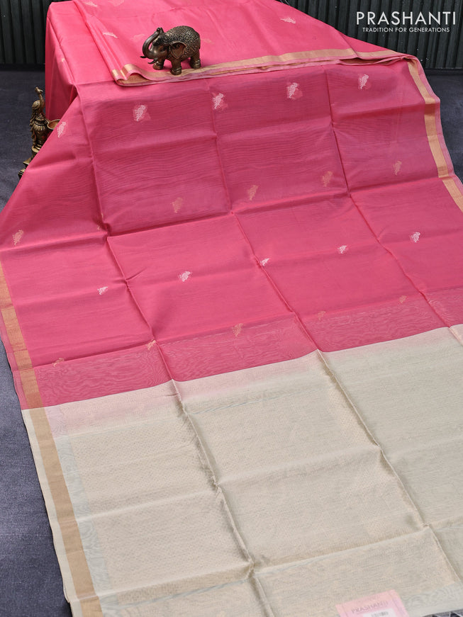 Kora silk cotton saree peach pink and sandal with zari woven buttas and zari woven border