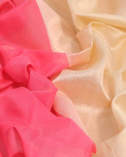 Kora silk cotton saree peach pink and sandal with zari woven buttas and zari woven border