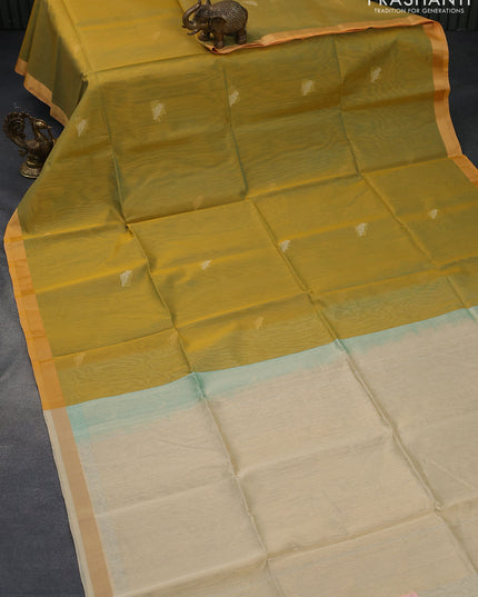 Kora silk cotton saree yellow and cream with zari woven buttas and zari woven border