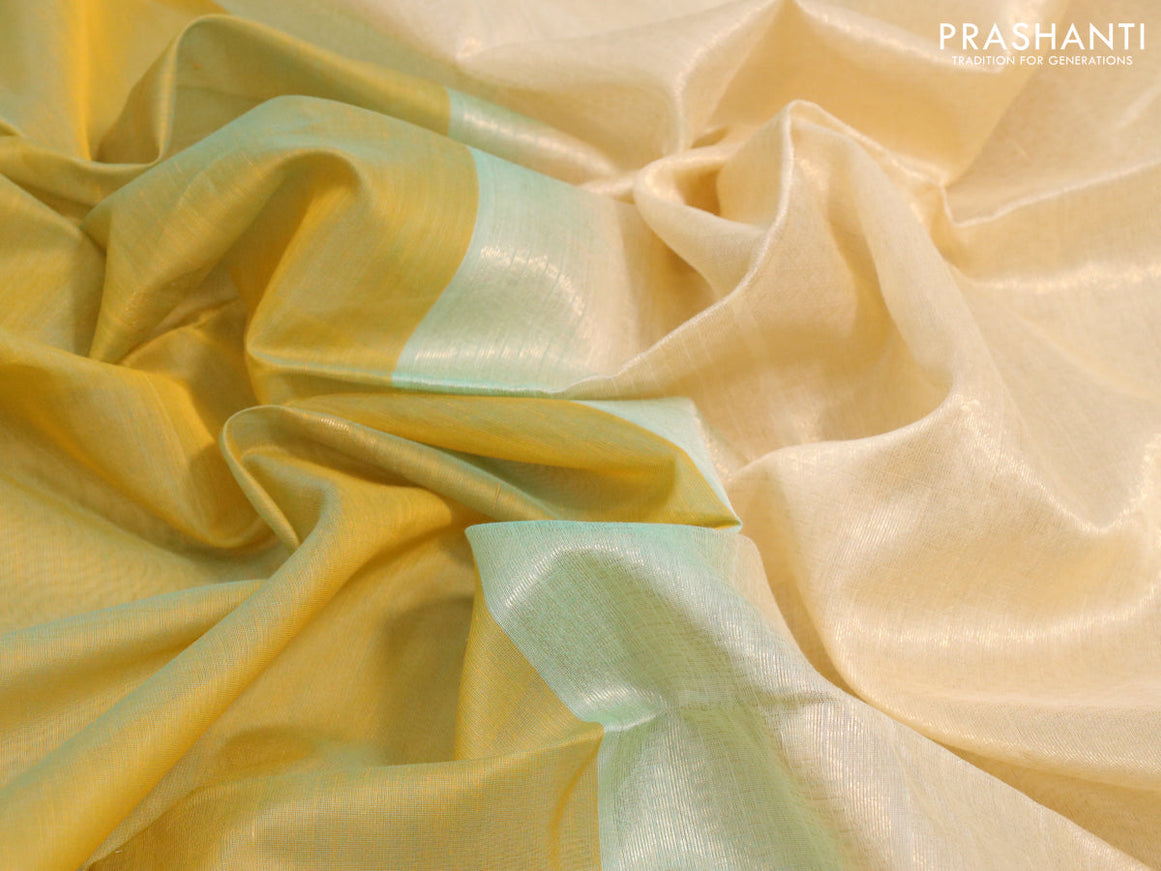 Kora silk cotton saree yellow and cream with zari woven buttas and zari woven border