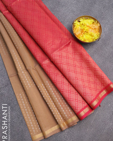 Kora silk cotton saree sandal and pink with silver & gold zari woven buttas weaves and zari woven simple border