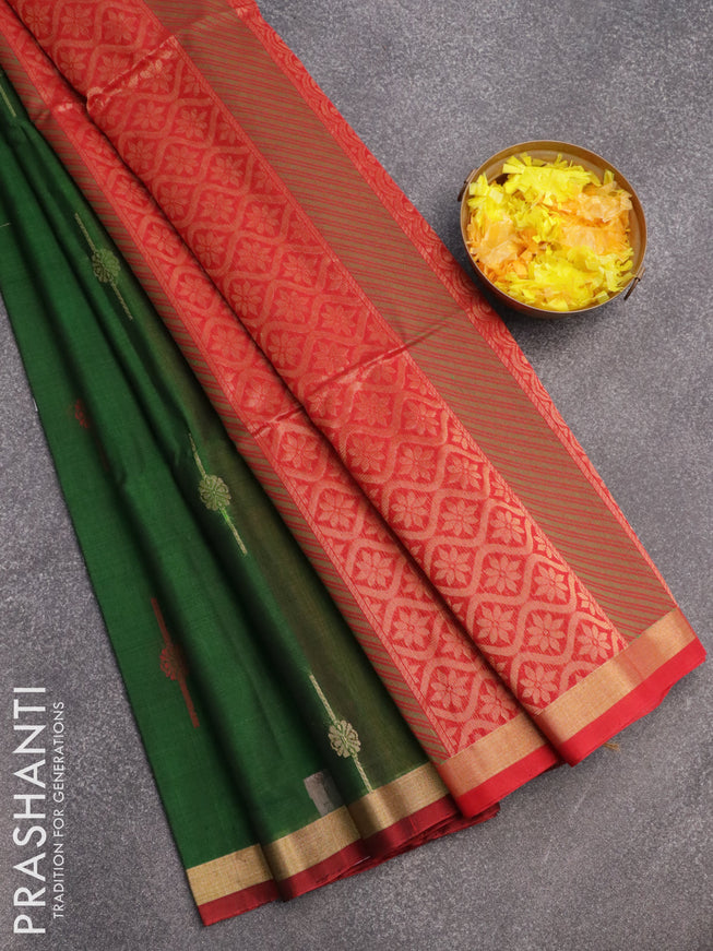 Kora silk cotton saree green and maroon with thread & zari woven buttas and zari woven border