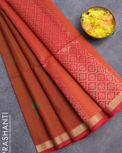 Kora silk cotton saree dual shade of mustard and red with thread & zari woven buttas and zari woven border