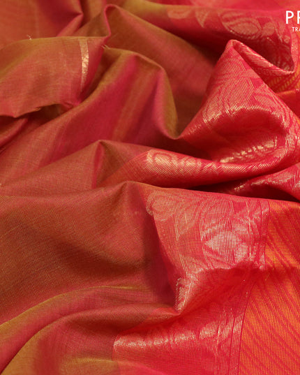 Kora silk cotton saree dual shade of mustard and red with thread & zari woven buttas and zari woven border