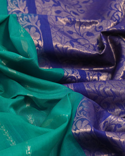 Kora silk cotton saree teal blue and blue with allover zari weaves and zari woven border