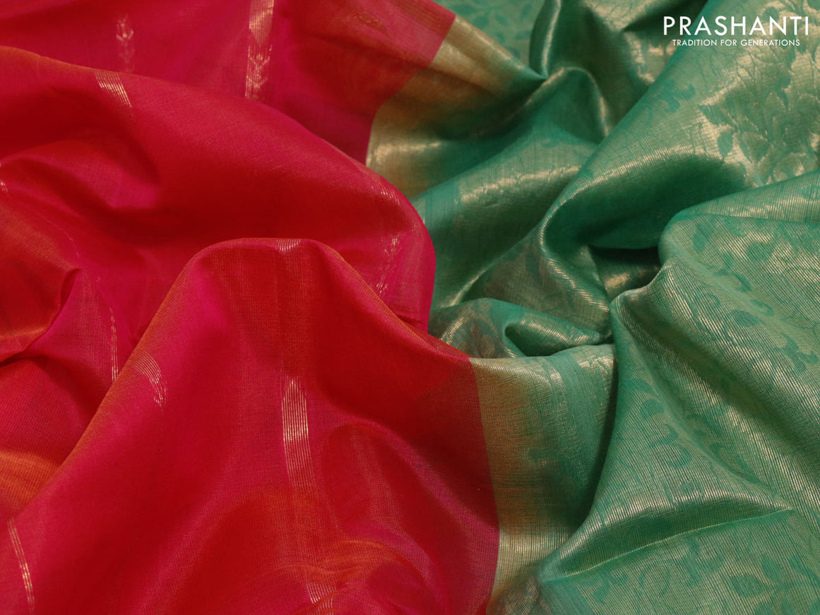 Kora silk cotton saree pink and pastel green with allover zari weaves and zari woven border