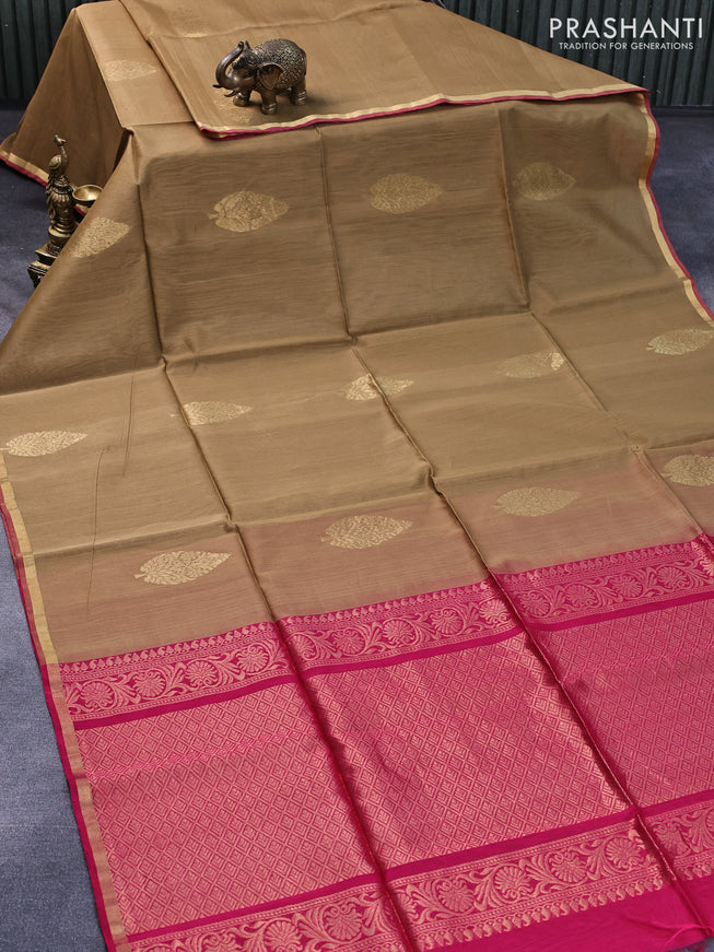 Kora silk cotton saree dark sandal and pink with zari woven buttas and zari woven piping border