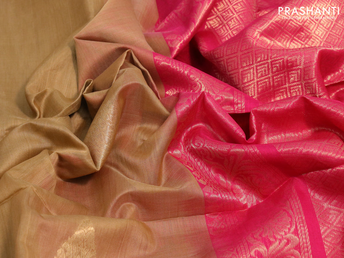 Kora silk cotton saree dark sandal and pink with zari woven buttas and zari woven piping border