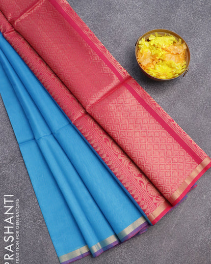 Kora silk cotton saree light blue and pink with zari woven buttas and zari woven piping border