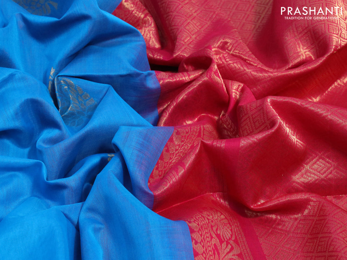 Kora silk cotton saree light blue and pink with zari woven buttas and zari woven piping border
