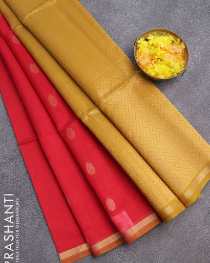 Kora silk cotton saree red and mustard shade with allover zari woven buttas and zari woven piping border