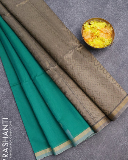 Kora silk cotton saree teal green and grey with allover zari woven buttas and zari woven piping border