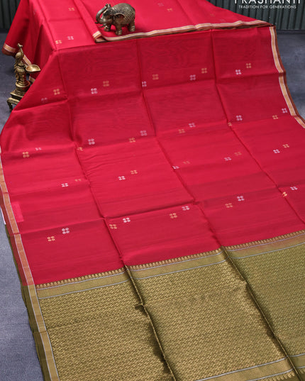 Kora silk cotton saree red and mehendi green with silver & gold zari woven buttas and zari woven border
