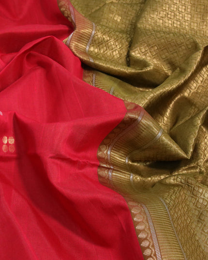 Kora silk cotton saree red and mehendi green with silver & gold zari woven buttas and zari woven border
