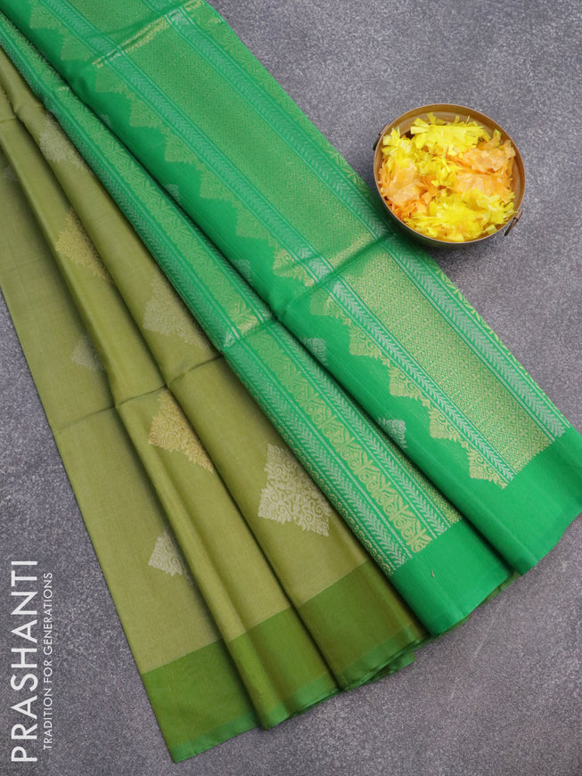Kora silk cotton saree green shade and green with silver & gold zari woven buttas and simple border