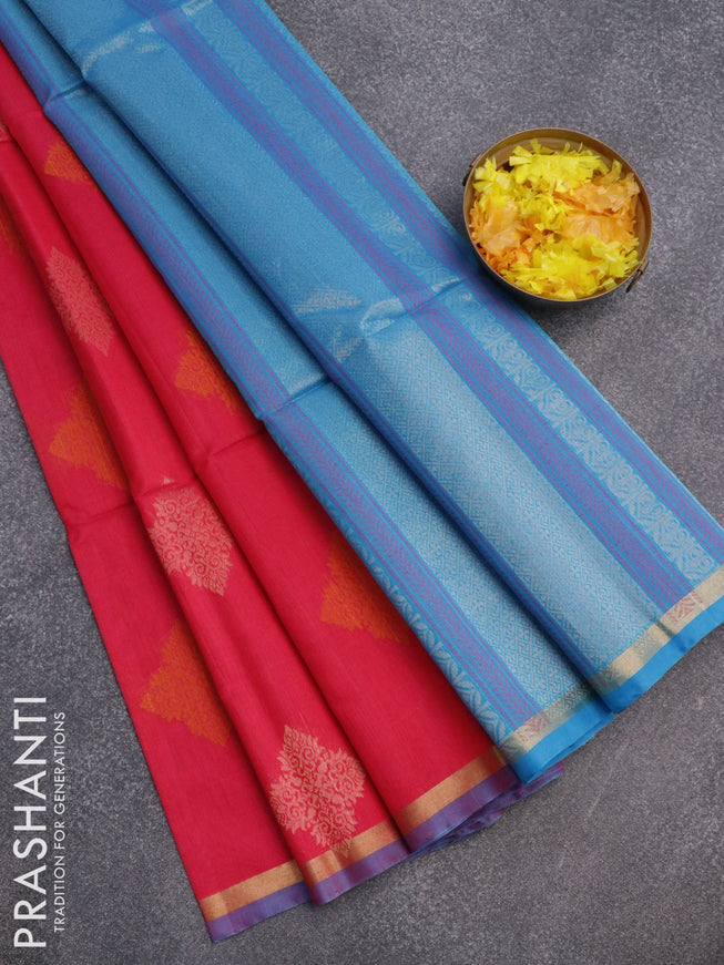 Kora silk cotton saree dual shade of pink and cs blue with thread woven buttas and zari woven piping border