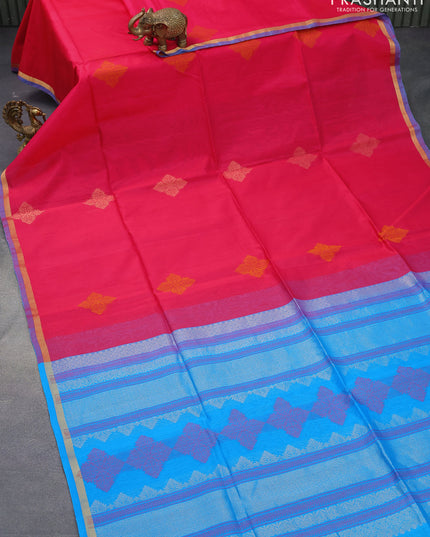 Kora silk cotton saree dual shade of pink and cs blue with thread woven buttas and zari woven piping border