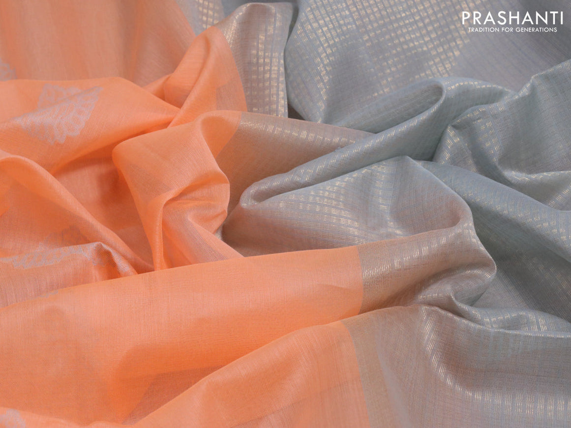 Kora silk cotton saree peach orange and grey with thread & zari woven buttas and rettapet zari woven border