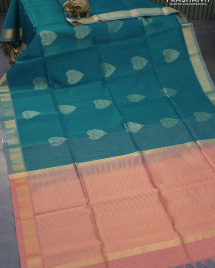 Kora silk cotton saree teal blue and pastel pink with thread & zari woven buttas and zari woven border