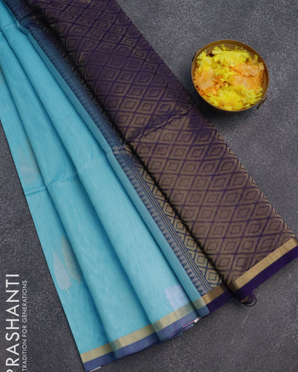 Kora silk cotton saree light blue and violet with silver & gold zari woven buttas and zari woven piping border