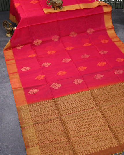Kora silk cotton saree pink and dual shade of mustard with thread & zari woven buttas and zari woven border