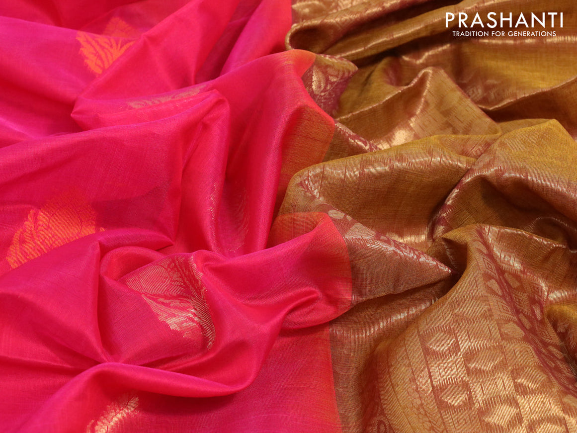 Kora silk cotton saree pink and dual shade of mustard with thread & zari woven buttas and zari woven border