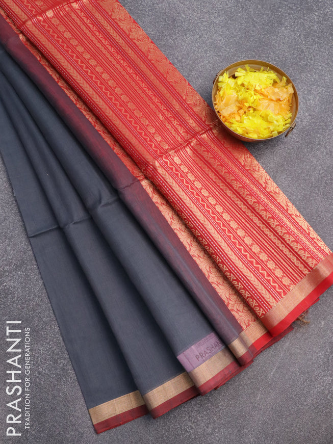 Kora silk cotton saree grey and red with silver & gold zari woven buttas and zari woven border
