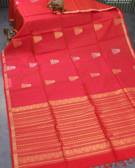 Kora silk cotton saree dual shade of pinkish yellow and red with silver & gold zari woven buttas and zari woven border