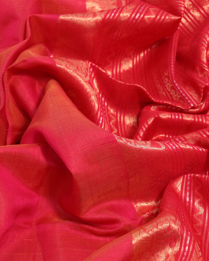 Kora silk cotton saree dual shade of pinkish yellow and red with silver & gold zari woven buttas and zari woven border