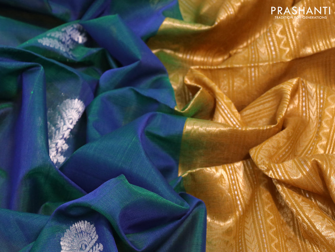 Kora silk cotton saree dual shade of bluish green and mustard green with silver & gold zari woven buttas and zari woven border