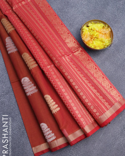 Kora silk cotton saree rust shade and red with zari woven buttas and zari woven border