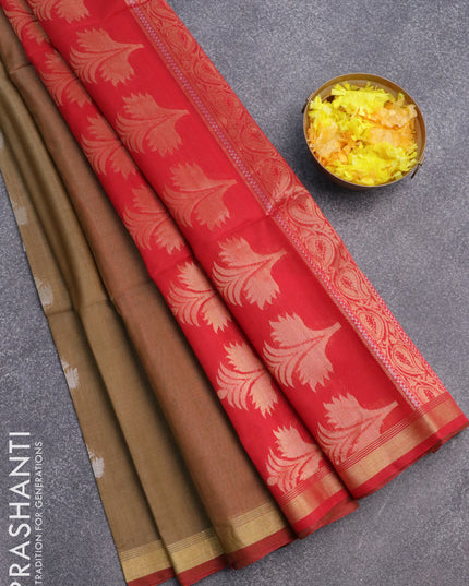 Kora silk cotton saree elaichi green and red with silver & gold zari woven buttas and zari woven border