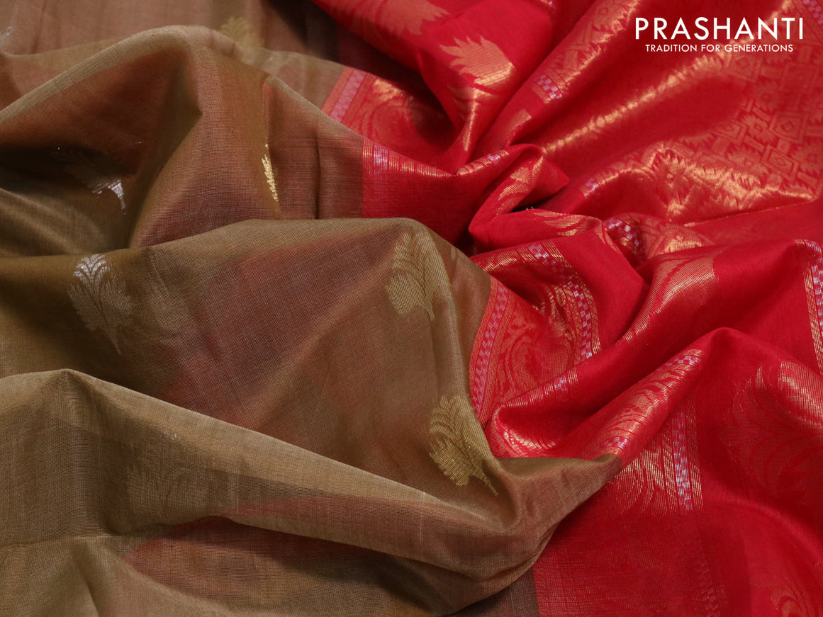 Kora silk cotton saree elaichi green and red with silver & gold zari woven buttas and zari woven border