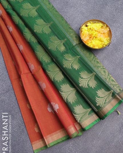 Kora silk cotton saree dual shade of rustic pink and green with silver & gold zari woven buttas and zari woven border