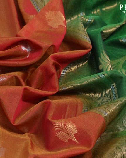 Kora silk cotton saree dual shade of rustic pink and green with silver & gold zari woven buttas and zari woven border