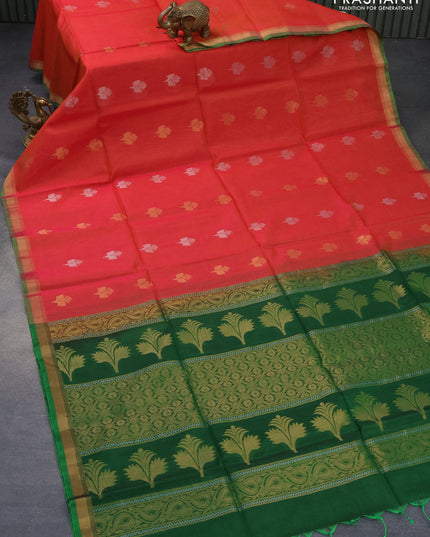 Kora silk cotton saree dual shade of pinkish yellow and green with zari woven buttas and zari woven border