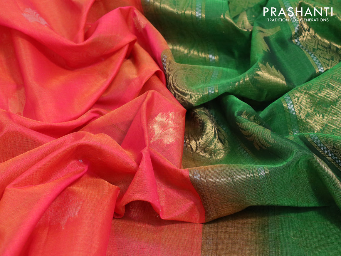 Kora silk cotton saree dual shade of pinkish yellow and green with zari woven buttas and zari woven border
