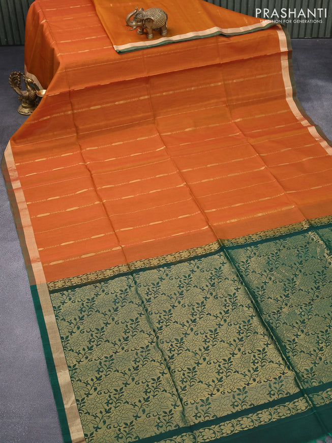 Kora silk cotton saree orange and green with zari woven buttas and zari woven border