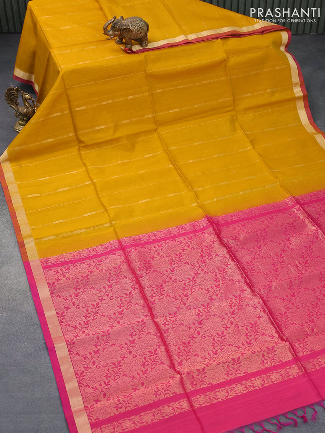 Kora silk cotton saree mustard yellow and pink with allover zari weaves and zari woven border