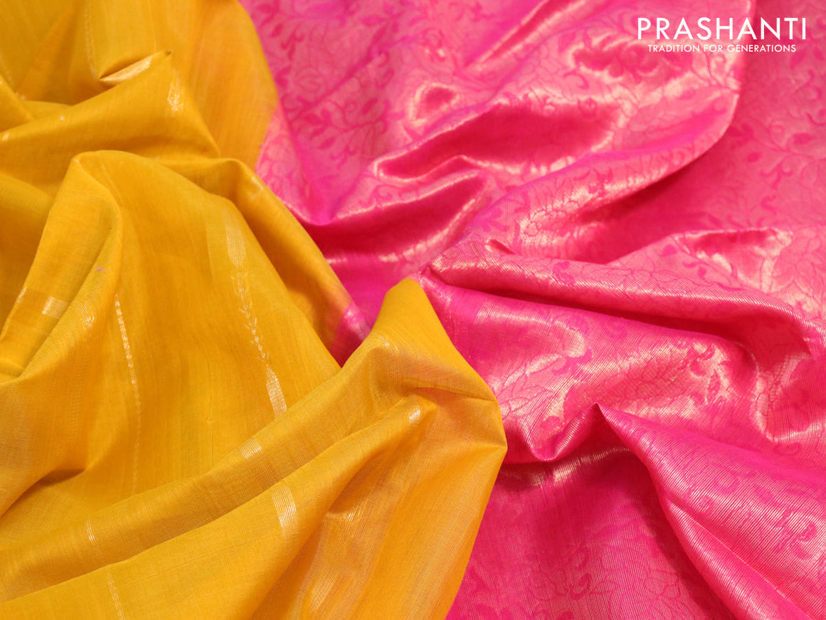 Kora silk cotton saree mustard yellow and pink with allover zari weaves and zari woven border