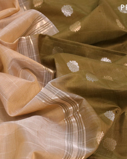 Kora silk cotton saree sandal and mehendi green with allover silver & gold zari woven buttas and zari woven piping border