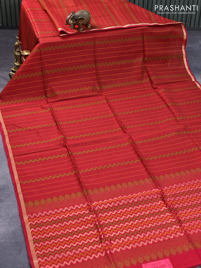 Kora silk cotton saree red shade with allover thread weaves and zari woven piping border